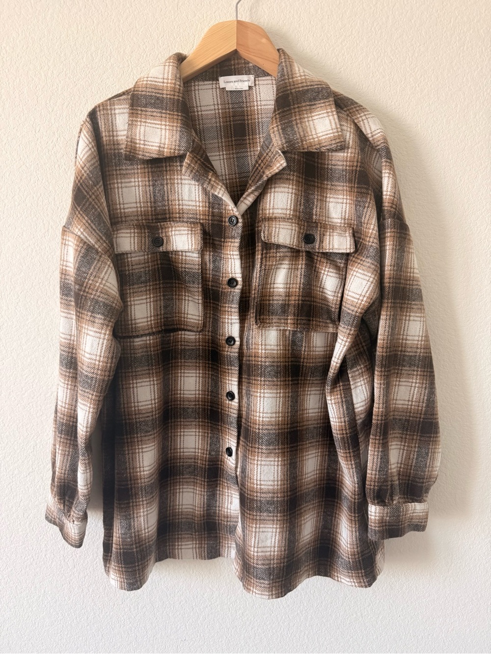 Lovers + Friends Brown and Cream Plaid Flannel Shacket